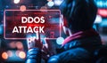 Threat of Distributed Denial of Service DDoS cyber attacks targeting online systems person holding digital sphere displaying DDoS