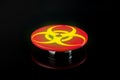 The threat of using chemical weapons. Weapons banned in the world. Big red button with chemical weapons symbol on black