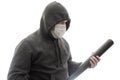 Threat of violence, aggressive man in hoodie and mask with baseball bat