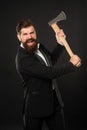 Threatening and angry screaming. Angry guy scream threaten with axe. Bearded man hold hatchet Royalty Free Stock Photo