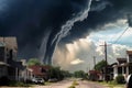 Threatening tornado approaching the town. Dark grey clouds covering the sky. Generative AI