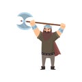 Terrible bearded viking holding battle ax in two hands above head over white background