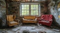 Three Abandoned Upholstered Chairs in a Stone Room Royalty Free Stock Photo
