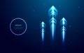 Three blue glow speed arrows rise up. Concept of business target reach