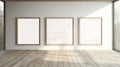 Minimalist Canvas Pictures In White Frames On Wooden Wall Royalty Free Stock Photo