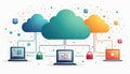 Three abstract clouds connect to laptops via digital lines. Security locks protect data flow. Online network infrastructure and Royalty Free Stock Photo