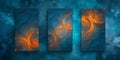 Three abstract geometric panels with orange swirls on blue Royalty Free Stock Photo