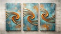 Three abstract gold wave panels with teal distressed background Royalty Free Stock Photo