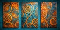 Three abstract panels with orange spirals on textured teal and rust backgrounds Royalty Free Stock Photo