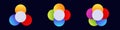 Three abstract shapes with overlapping multicolored circles in symmetrical arrangements