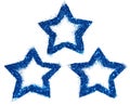 Three abstract stars of blue glitter sparkle on white background for your design