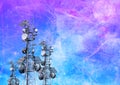 Three abstract telecommunication tower with antenna and satellite dish on outre space background with planets Royalty Free Stock Photo