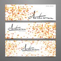 Three abstract template design of web banner with handwritten lettering of Autumn and leaf fall.