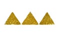 Three abstract triangles or pyramids of golden glitter sparkle on white