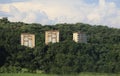 Three abusive houses on a hill in the woods