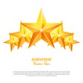 Three Achievement Vector Stars. Yellow Sign. Golden Decoration Symbol. 3d Shine Icon Isolated On White Background.