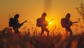 Three acoustic guitar players trio rock band hippie musicians walking with backpacks as wanderers during sunset golden hours time