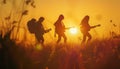 Three acoustic guitar players trio rock band hippie musicians walking with backpacks as wanderers during sunset golden hours time