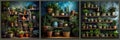 Three adjacent wooden shelves with various potted plants. Each wooden shelf has a different number and type of potted plants