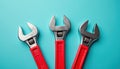 Three adjustable wrenches with shiny metal heads and red grips rest on a bright blue background. These versatile tools are ready Royalty Free Stock Photo