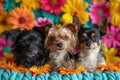 Three Adorable Dogs Posing in a Colorful Floral Setting Royalty Free Stock Photo