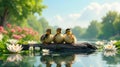 Three adorable ducklings resting on a log in a serene lakeside setting with water lilies. Generative AI Royalty Free Stock Photo