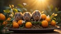 Three Cute Brown Rats Sitting Amongst Oranges in Sunlight Royalty Free Stock Photo