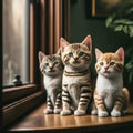 Three Curious Kittens Huddled on a Window Sill Royalty Free Stock Photo