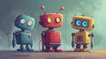 Three adorable little funny robots on grey background