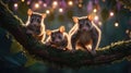 Adorable Trio of Baby Possums on Mossy Branch at Dusk Royalty Free Stock Photo