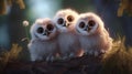 Adorable Owlets Perched On Branch: Unreal Engine 5, Disney Animation Style