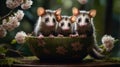 Adorable Baby Opossums in a Floral Bowl, Springtime Wildlife Royalty Free Stock Photo