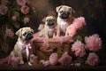 Three adorable pug puppies sitting together on a suitcase amidst a vibrant display of pink flowers, Adorable puppies presenting a
