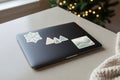 Three aesthetic stickers on a dark gray laptop Royalty Free Stock Photo