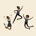 Three african american women in active poses,cartoon jumping businesswomen