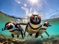 Three african penguins swimming