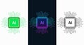 Three AI chip in green purple and white on dark backgrounds artificial intelligence microchip vector icns design Royalty Free Stock Photo