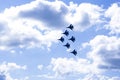 Three Airplanes In The Air, russian planes at airshow making figures in the sky, heart in the sky, loop Royalty Free Stock Photo