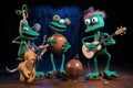 three aliens playing musical instruments and performing in a musical trio