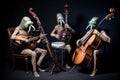 three aliens playing musical instruments and performing in a musical trio