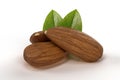 Three Almonds with leaves isolated on white background high quality details, 3d rendering