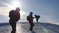 Three Alpenists climb rope on snowy mountain. Tourists work together as team shaking heights overcoming difficulties