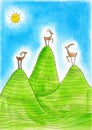 Three Alpine ibexes, childs drawing, watercolor p Royalty Free Stock Photo