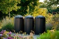 Three aluminium gargage bins standing in a garden Royalty Free Stock Photo