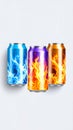 Three Aluminum Cans with Fire and Water Designs Royalty Free Stock Photo