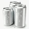 Three aluminum cans mockup splashed with water droplets on white background