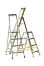 Three aluminum folding metal step ladders isolated on white