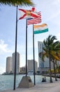 Three american flags weaving with blue sky and building in the background