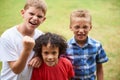 The three amigos. Portrait of a three little boys standing outside. Royalty Free Stock Photo