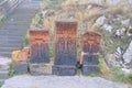 Three ancient khachkars. Sevanavank, Armenia Royalty Free Stock Photo
